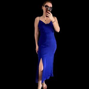Intermix Silk Paris Cobalt Blue Slip Dress Cowl Neck Size 4 Slit